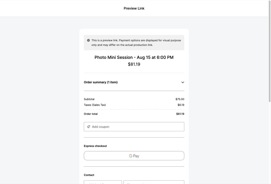 Square hosted checkout showing Photo Mini Session, subtotal $75.00, sales tax $6.19, order total $81.19